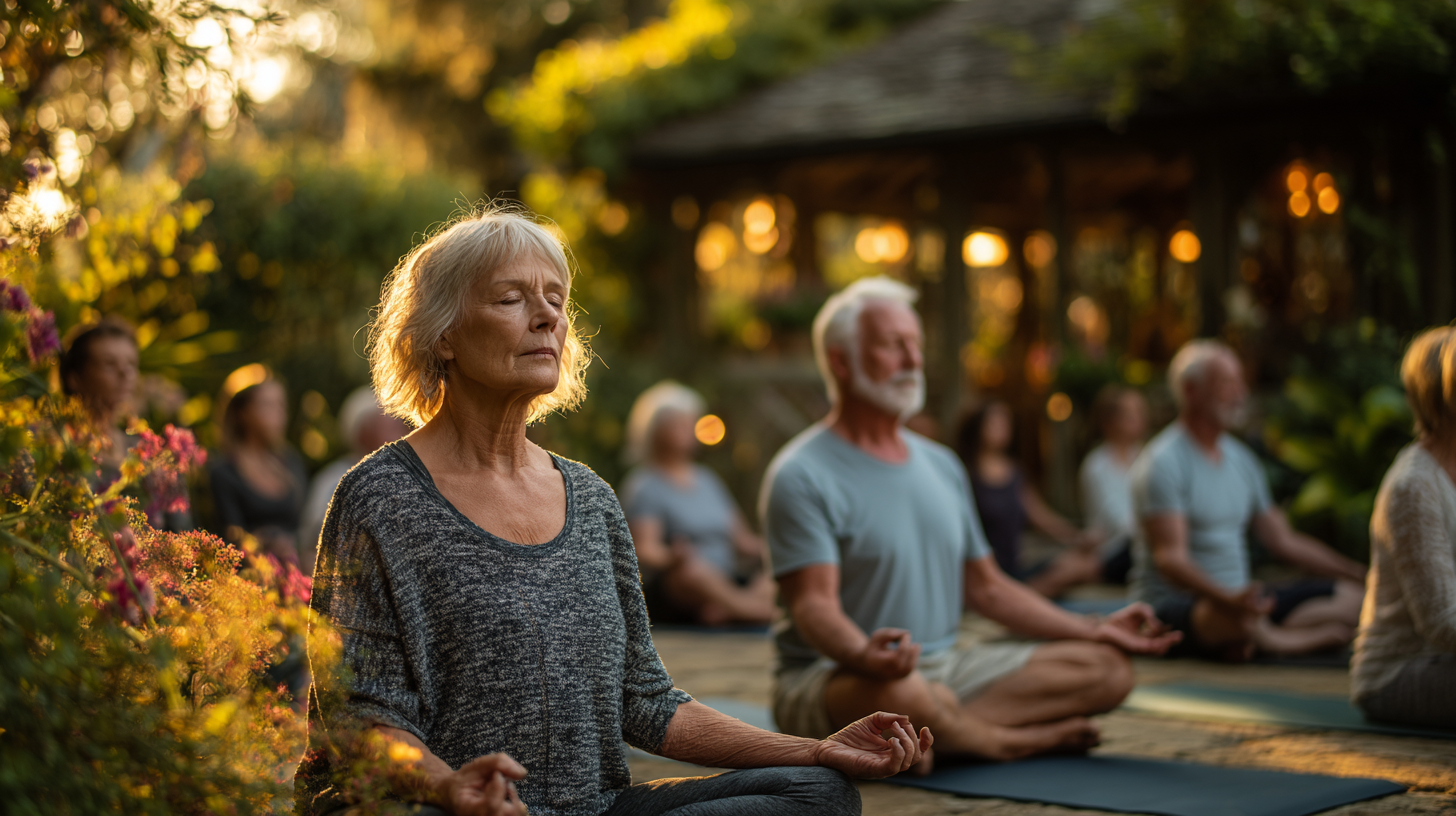 Група людей зрілого віку практикує йогу в парку