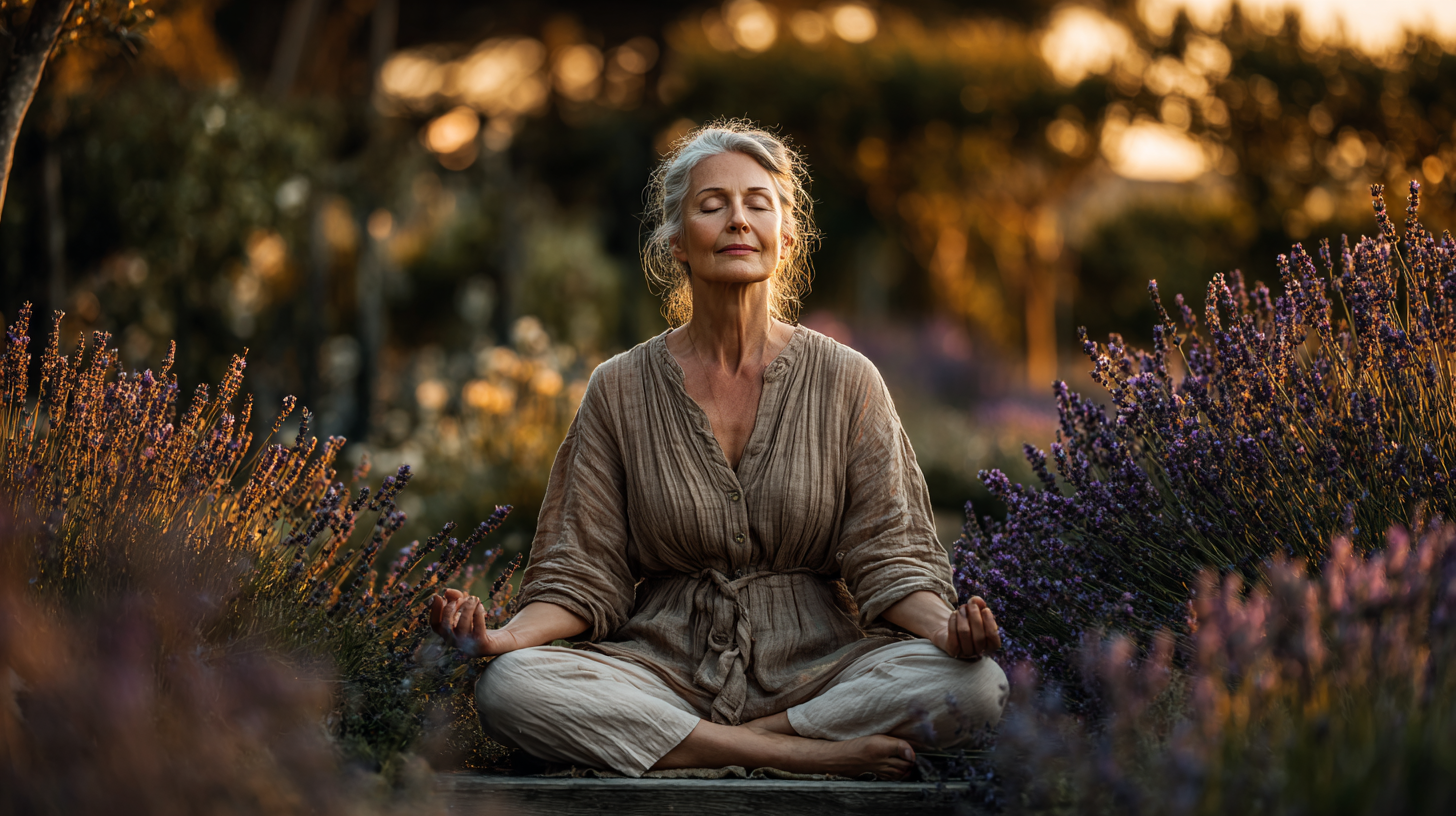 Спокійна жінка середнього віку медитує в позі лотоса